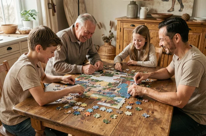 Une famille de quatre personnes assemble ensemble un grand puzzle sur une table, dans une activité coopérative sans compétition, avec des expressions de complicité et de plaisir partagé