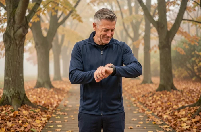 Homme d'âge mûr vérifiant son tracker de forme physique lors d'une marche sportive en forêt automnale pour prendre soin de sa santé