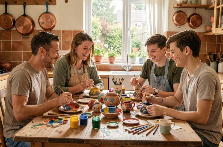 Famille réunie autour d'une table en train de peindre des poteries ensemble lors d'un atelier créatif à la maison