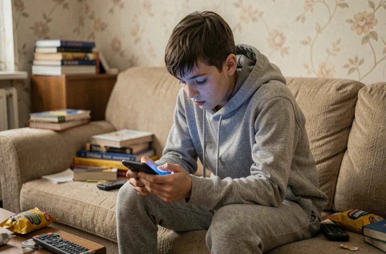 Adolescent accro aux écrans assis sur un canapé regardant son smartphone avec un air absent