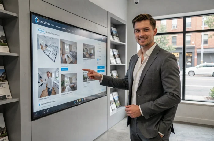 Vastgoedagent die een virtuele rondleiding presenteert op een interactief touchscreen in een digitaal agentschap