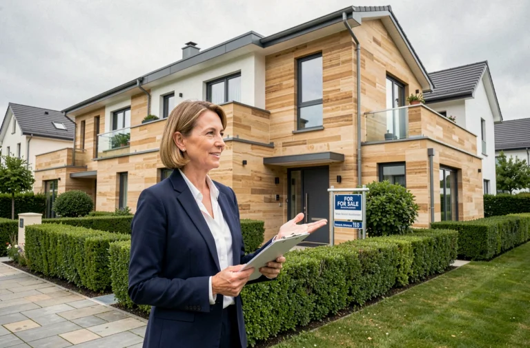 Agent immobilière professionnelle présentant une maison de ville moderne à Luxembourg avec jardin soigné et panneau à vendre