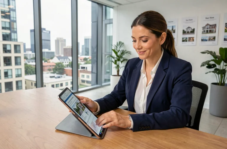 Agente immobilière professionnelle consultant des documents numériques dans une agence digitale moderne