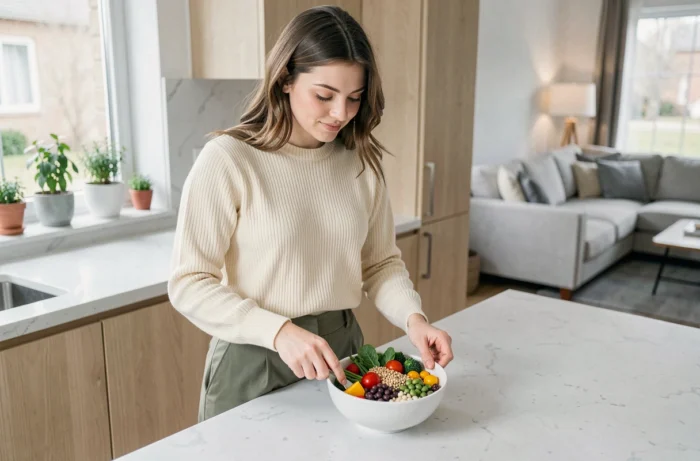Jeune femme préparant un repas sain et équilibré dans une cuisine moderne, illustrant l'importance de la nutrition pour la santé au quotidien