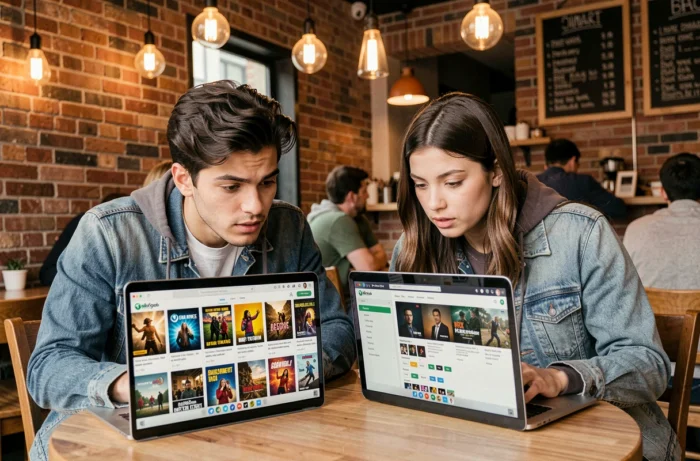 Deux amis dans un café consultant un site de séries animées sur leurs ordinateurs portables avec une navigation par plan du site