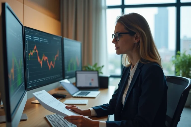 Professionnelle analysant des données financières sur un écran dans un bureau moderne avec vue sur la ville