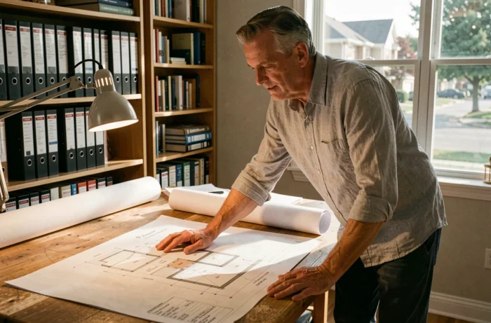 Architecte consultant les plans d'un garage en limite de propriété avec documents réglementaires