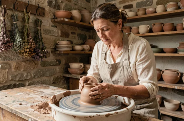Artisane française façonnant une poterie en argile sur un tour dans un atelier en pierre rustique