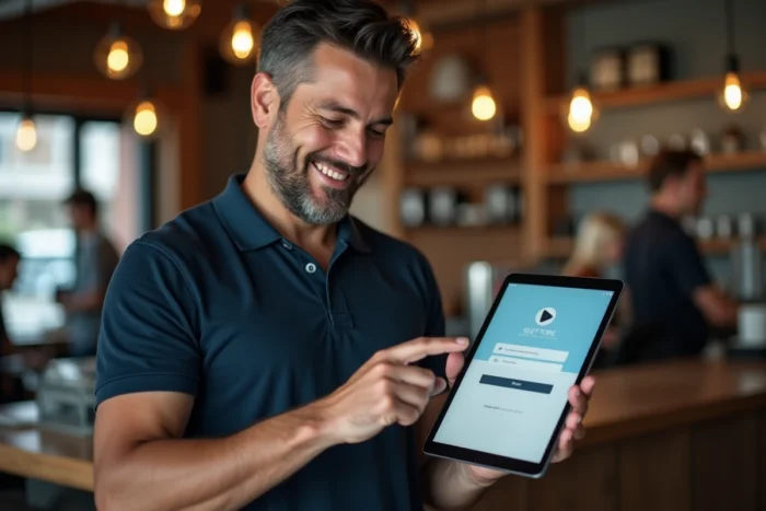 Homme associant un appareil Android à son compte Google Play Store dans un café moderne