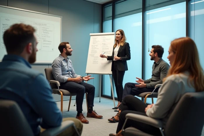 Groupe de participants à un atelier collectif de coaching Solerys animé par une conseillère Pôle Emploi