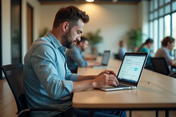 Homme utilisant un ordinateur portable lors d'un atelier de recherche d'emploi Solerys Pôle Emploi