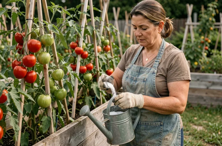 Femme versant du bicarbonate de soude dans un arrosoir près des plants de tomates dans un potager