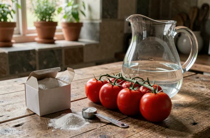 Bicarbonate de soude et tomates fraîches sur une table en bois, préparation d'une solution naturelle pour le potager