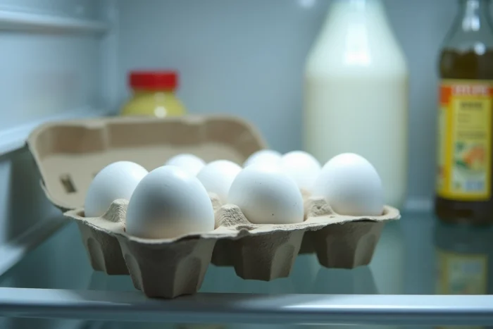 Boîte d'œufs blancs stockée à l'intérieur d'un réfrigérateur américain avec d'autres produits laitiers