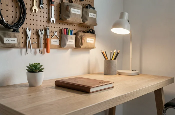 Bureau à domicile organisé avec pegboard mural, succulente et papeterie rangée pour un espace de travail inspirant