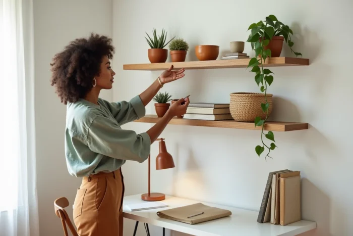 Femme arrangeant des objets décoratifs sur des étagères en chêne dans un coin bureau home office tendance