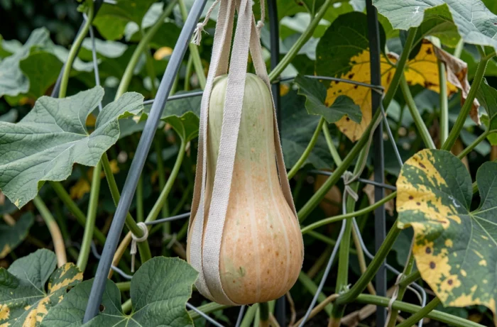Gros plan d'un butternut suspendu dans un filet de soutien sur un arc de jardin vertical, avec feuilles jaunissantes