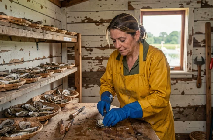 Oesterkweker die oesters opent in een rustieke oesterkwekerij aan een Mediterraan meer in het zuiden van Frankrijk