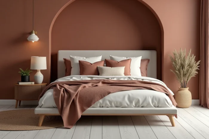 Chambre contemporaine avec lit plateforme en lin, niche en argile et mobilier en rotin selon les tendances déco actuelles