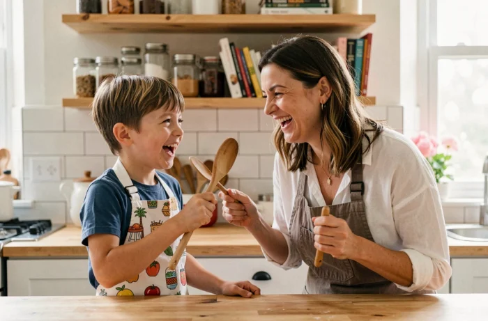 Un garçon d'environ neuf ans portant un tablier donne des instructions culinaires à sa mère amusée, illustrant un échange de rôles parent-enfant dans la cuisine