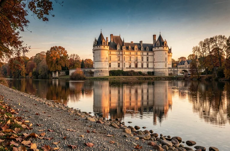 Vue panoramique du château de Chaumont-sur-Loire depuis les rives de la Loire en automne, reflets dans l'eau et feuillage coloré