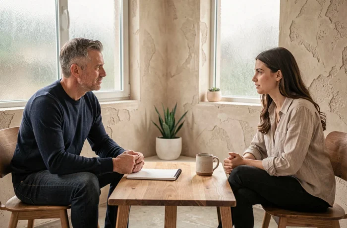 Welzijnscoach die een professional begeleidt tijdens een persoonlijke adviesgesprek in een bedrijf