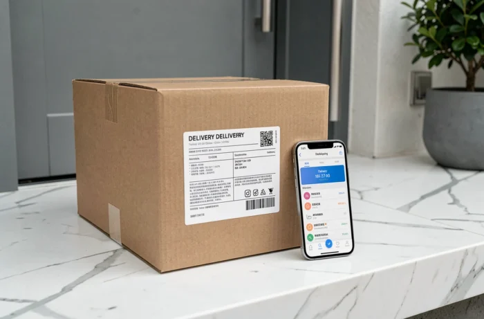 Colis de livraison déposé devant une porte avec suivi de commande affiché sur smartphone