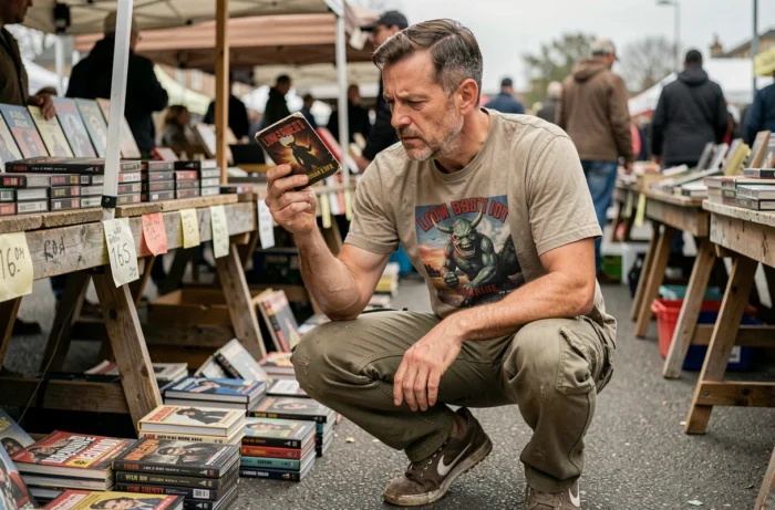 Homme passionné de cinéma série Z examinant des cassettes VHS dans un marché aux puces, entouré de films cultes et magazines rétro