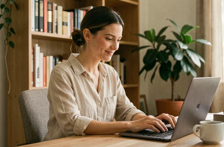 Femme commandant une livraison en ligne sur un ordinateur portable depuis son bureau à domicile