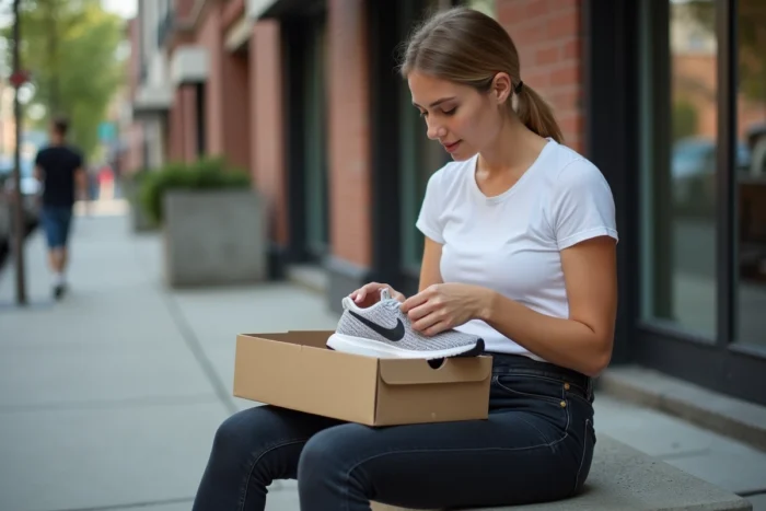 Jeune femme comparant le numéro de série sur la boîte Nike avec l'étiquette de la basket en milieu urbain