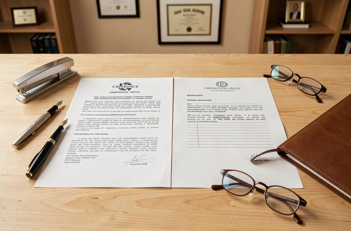 Vue de dessus d'une circulaire administrative et d'une note de service côte à côte sur un bureau professionnel