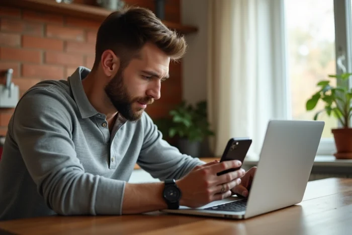 Homme comparant les fonctionnalités d'une plateforme numérique sur ordinateur portable et smartphone depuis son domicile