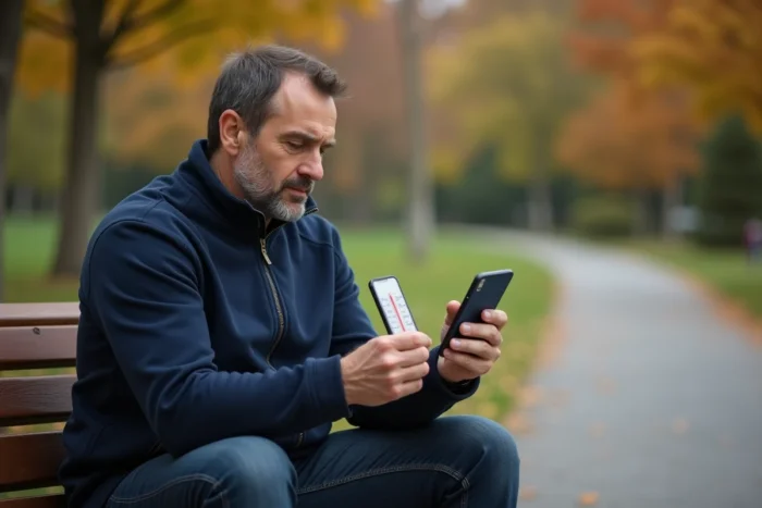 Homme comparant un thermomètre traditionnel et une application iPhone de mesure de température dans un parc en automne