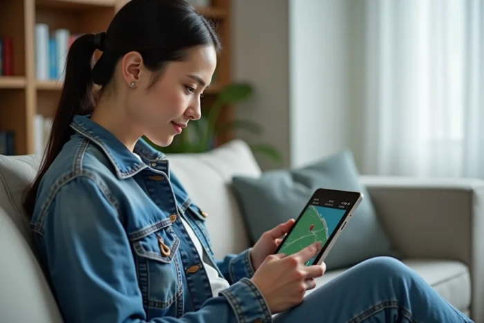Femme configurant une application Android Auto sur une tablette avant de l'installer dans sa voiture