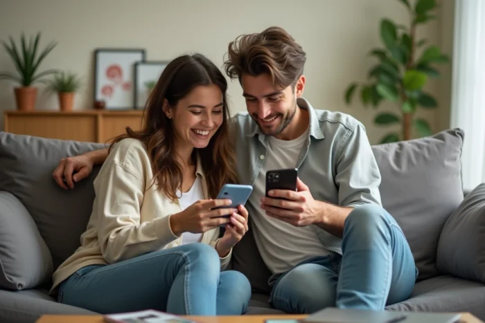 Deux amis configurant ensemble un compte Google Play Store sur un smartphone dans un salon