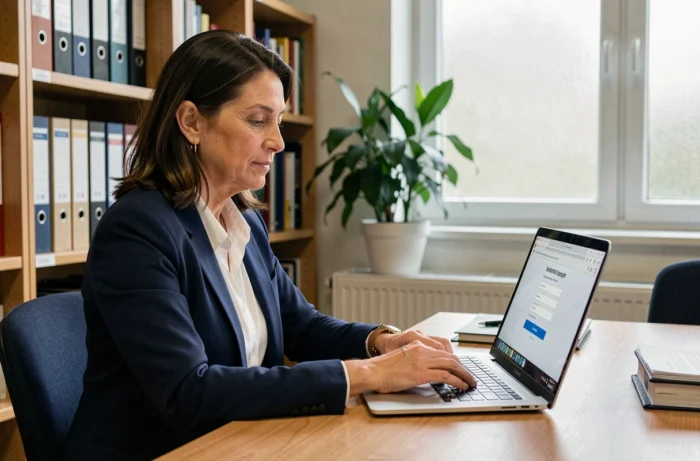 Femme enseignante connectée au webmail académique de Dijon sur un ordinateur portable dans un bureau scolaire