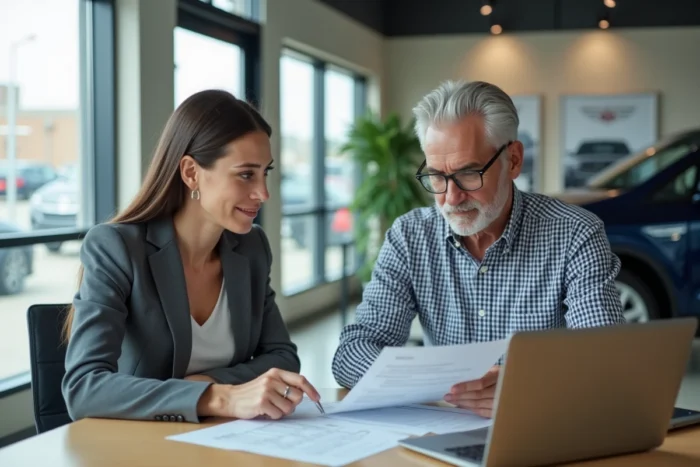 Conseiller automobile et cliente examinant les documents d'historique d'un véhicule d'occasion