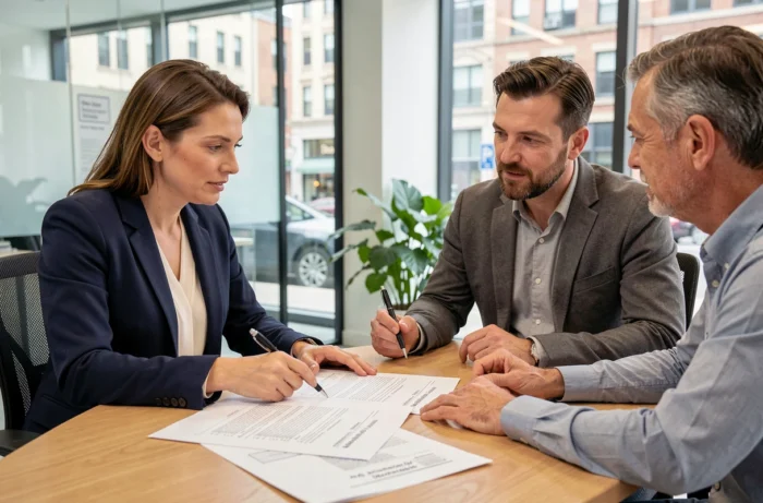 Conseillère immobilière accompagnant un couple dans leurs démarches d'achat immobilier avec des documents en agence