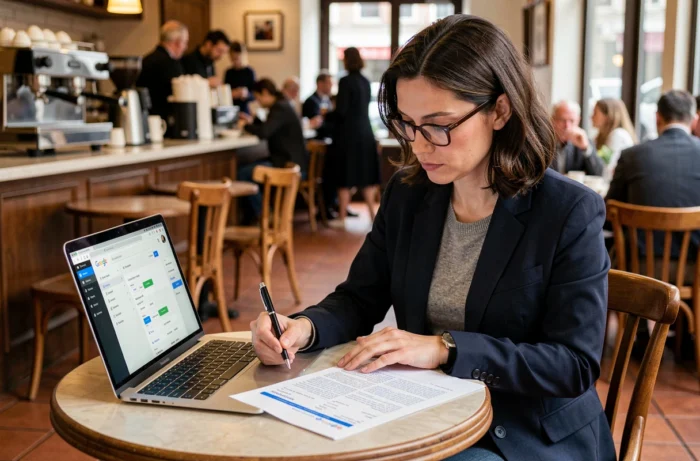 Consultante SEO annotant un document de sitemap imprimé dans un café avec un ordinateur portable ouvert