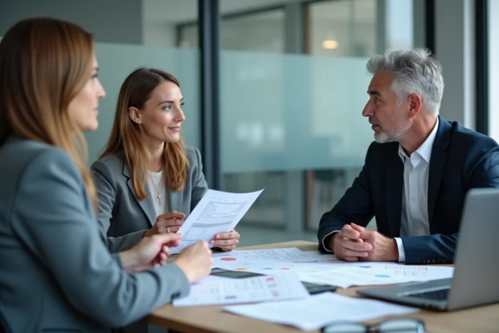Couple consultant un conseiller fiscal sur les donations et l'abattement prévu par l'article 790 G du CGI