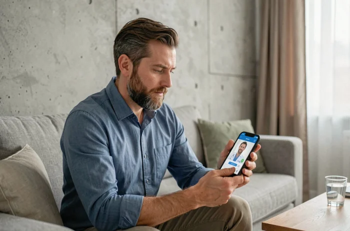 Homme consultant un médecin en ligne via smartphone dans son salon moderne
