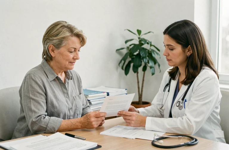 Femme en consultation médicale avec sa médecin, examinant ensemble un document de prévention santé dans un cabinet lumineux