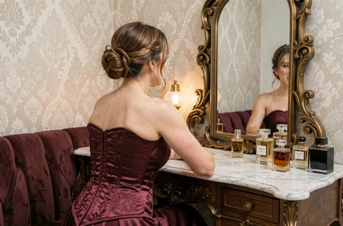 Femme en corset satiné bordeaux assise devant une coiffeuse vintage dans un dressing de luxe à la française