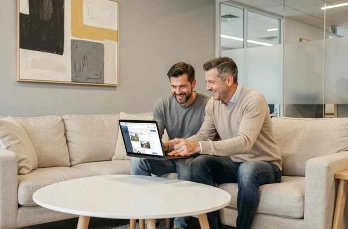 Stel van toekomstige vastgoedkopers die een digitaal platform raadplegen met een agent in het agentschap