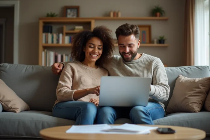 Couple consultant leur espace bancaire en ligne pour simuler un remboursement anticipé de crédit Flex LCL depuis leur salon