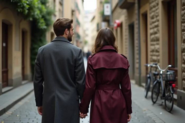 Couple marchant de dos dans une rue pavée européenne, évoquant la frontière entre vie publique et vie privée