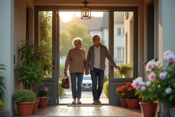 Un couple de seniors accueille leur aide à domicile ADMR sur le seuil de leur maison pavillonnaire