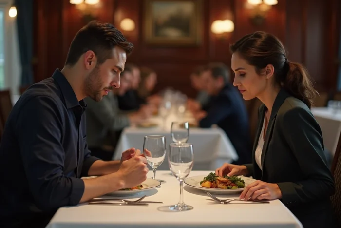 Couple en silence dans un restaurant chic face à face sans se regarder, illustrant les tensions conjugales et la communication brisée dans un mariage