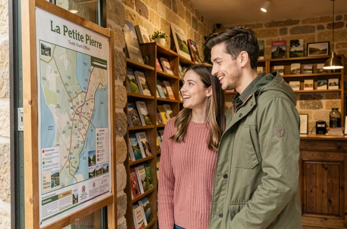 Couple de touristes découvrant le plan du site de La Petite Pierre à l'office de tourisme alsacien