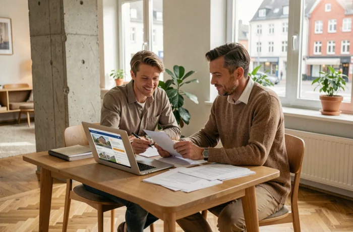 Couple étudiant des documents immobiliers et annonces en ligne dans un appartement moderne au Luxembourg